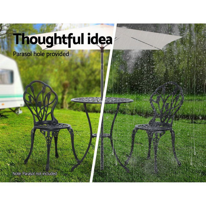 Gardeon 3PC Outdoor Setting Cast Aluminium Bistro Table Chair Patio Black -Home Living Store - -