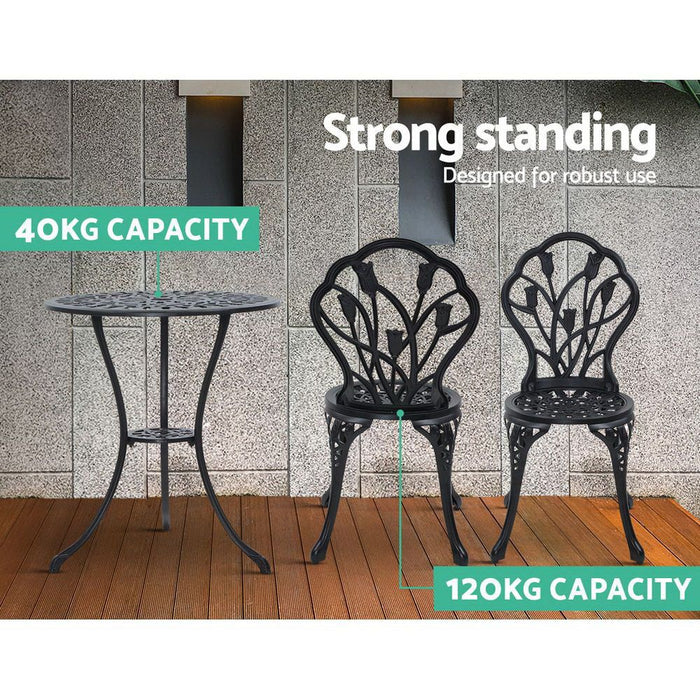 Gardeon 3PC Outdoor Setting Cast Aluminium Bistro Table Chair Patio Black -Home Living Store - -