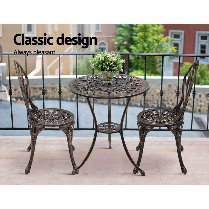 Gardeon 3PC Outdoor Setting Cast Aluminium Bistro Table Chair Patio Bronze -Home Living Store - -