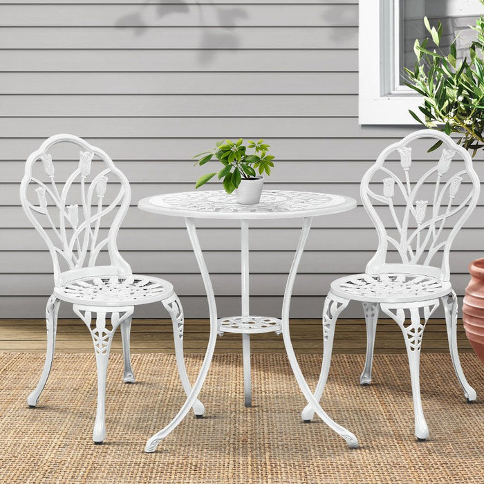 Gardeon 3PC Outdoor Setting Cast Aluminium Bistro Table Chair Patio White -Home Living Store - -