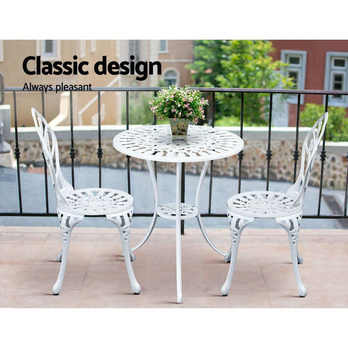 Gardeon 3PC Outdoor Setting Cast Aluminium Bistro Table Chair Patio White -Home Living Store - -