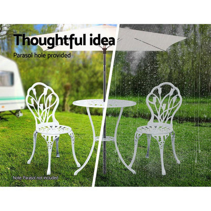 Gardeon 3PC Outdoor Setting Cast Aluminium Bistro Table Chair Patio White -Home Living Store - -