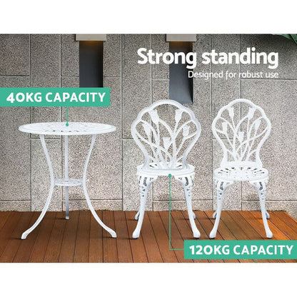 Gardeon 3PC Outdoor Setting Cast Aluminium Bistro Table Chair Patio White -Home Living Store - -