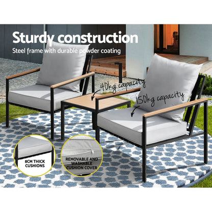 Gardeon Outdoor Furniture 3pcs Lounge Setting Bistro Set Chairs Table Patio -Home Living Store - -