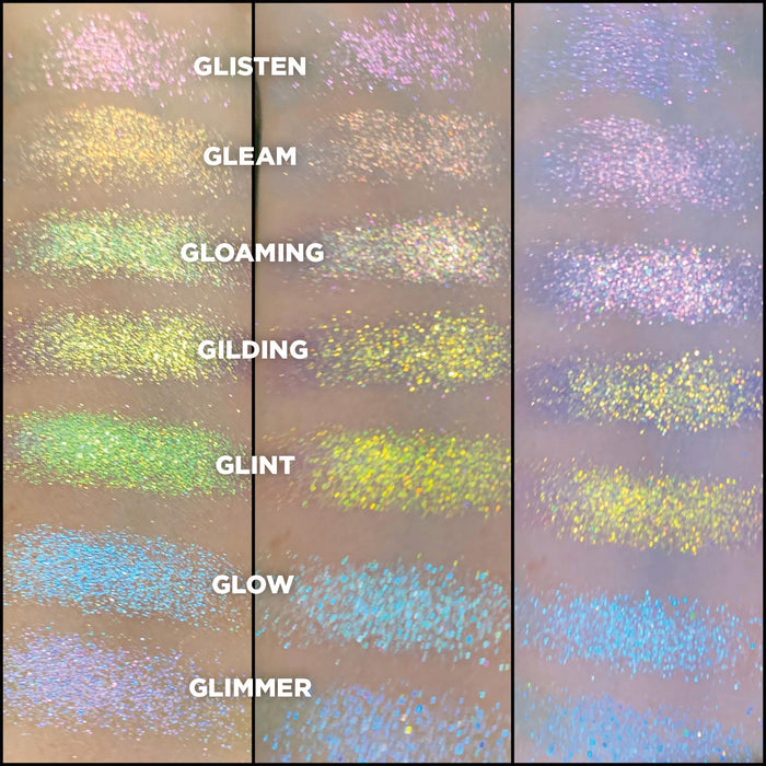 Swatches of Gilding Glitter-Type Iridescent Multichrome Eyeshadow shifts gold-silver-green-turquoise compared to Gloaming, Gleam, Glisten, Glimmer, Glow, Glint