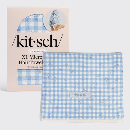 Kitsch XL Hair Towel Wrap in blue gingham and bow print, folded to show the soft microfiber fabric and embroidered elastic loop closure