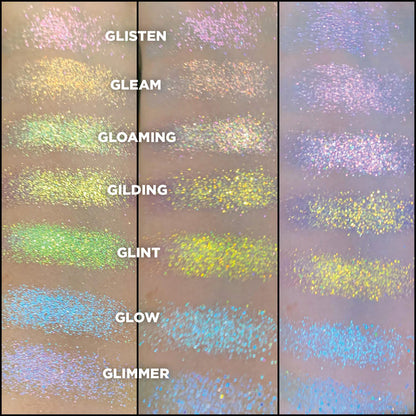 Swatches of Glint Glitter-Type Iridescent Multichrome Eyeshadow shifts yellow-lime-turquoise compared to Gloaming, Gleam, Glisten, Glimmer, Glow, Gilding