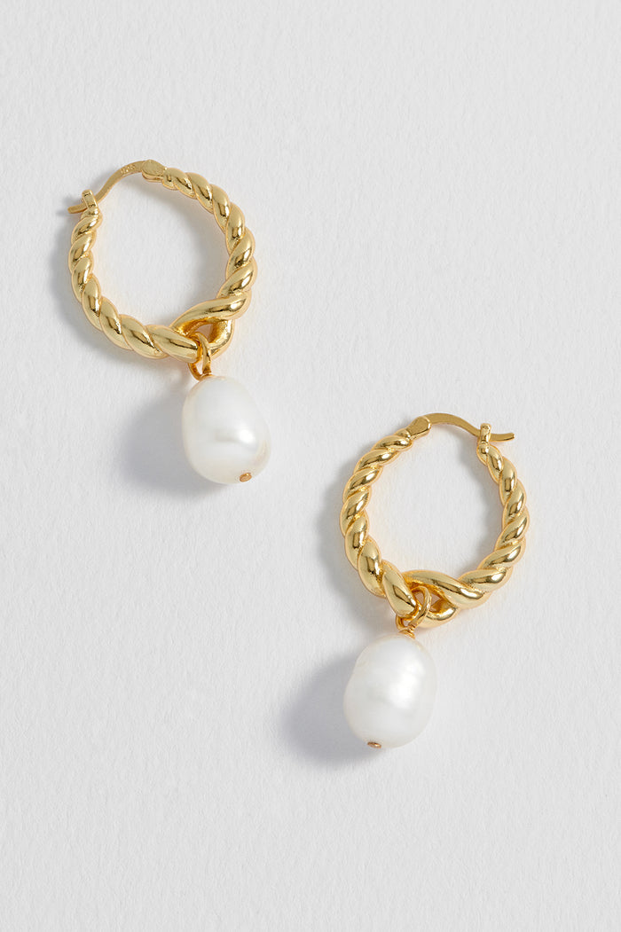Graduating Twist Pearl Drop Hoop Earrings