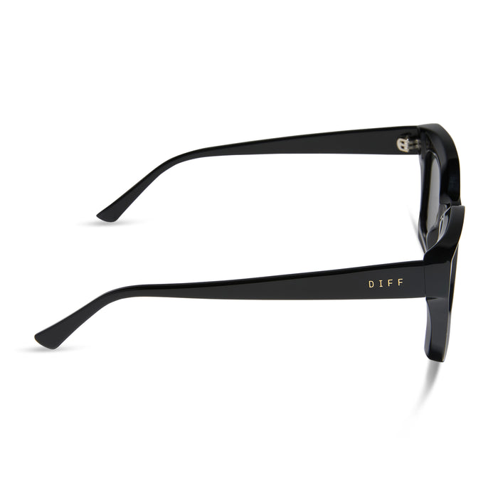 diff eyewear featuring the greer square sunglasses with a black frame and grey polarized lenses side view
