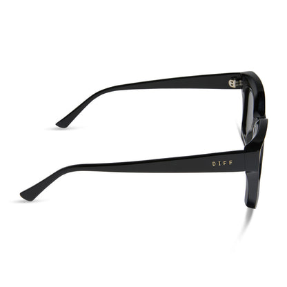 diff eyewear featuring the greer square sunglasses with a black frame and grey polarized lenses side view