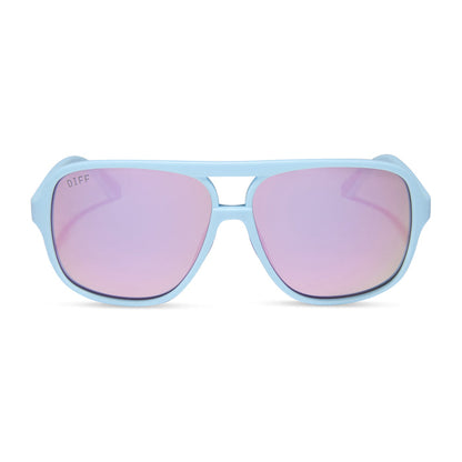diff sport featuring the hangtime aviator sunglasses with a matte baby blue frame and lavender mirror polarized lenses front view
