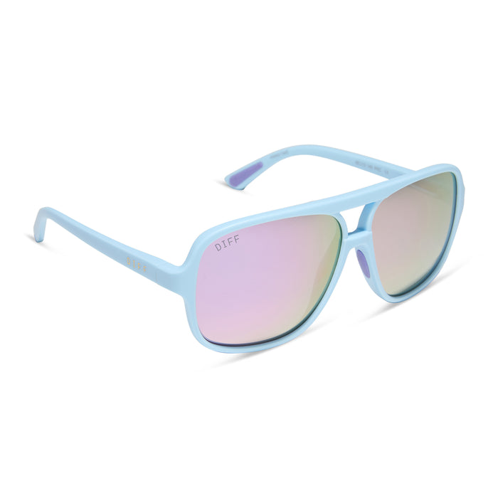 diff sport featuring the hangtime aviator sunglasses with a matte baby blue frame and lavender mirror polarized lenses angled view