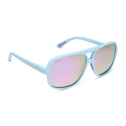 diff sport featuring the hangtime aviator sunglasses with a matte baby blue frame and lavender mirror polarized lenses angled view
