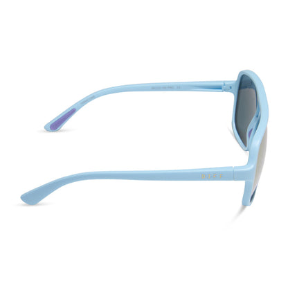 diff sport featuring the hangtime aviator sunglasses with a matte baby blue frame and lavender mirror polarized lenses side view