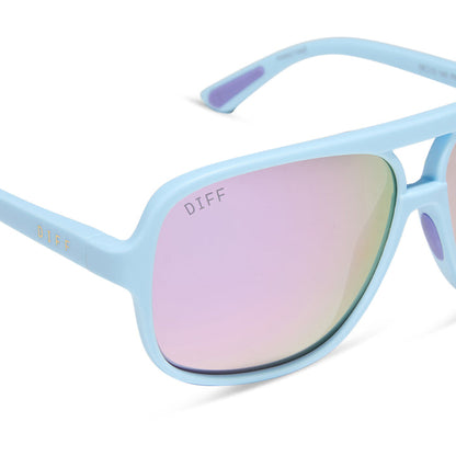 diff sport featuring the hangtime aviator sunglasses with a matte baby blue frame and lavender mirror polarized lenses detailed view