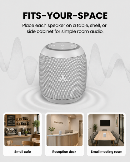 Harmony A0 Solo Auracast Bluetooth 5.4 Wireless Speaker for cafés, reception desks, meeting rooms, and venues with table-by-table synchronized audio.