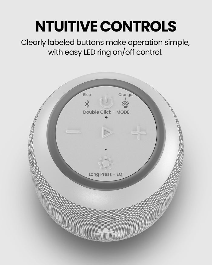 Harmony A0 Solo Auracast Bluetooth 5.4 Wireless Speaker for cafés, reception desks, and venues, with clear buttons and LED ring on/off controls.
