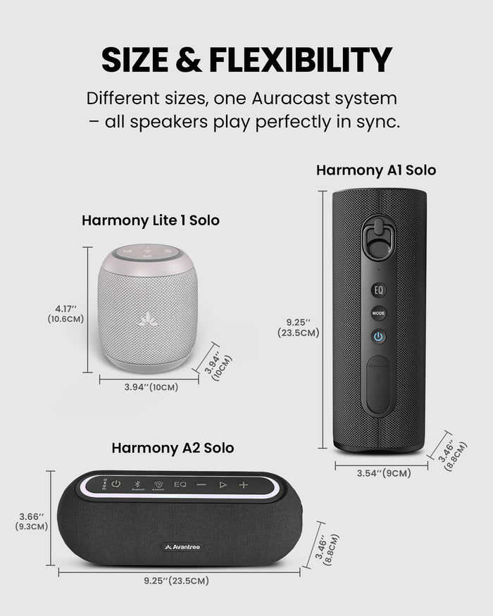 Harmony A0 Solo Auracast Bluetooth 5.4 Wireless Speaker for cafés, reception desks, and venues, flexible sizes with synchronized multi-speaker audio.