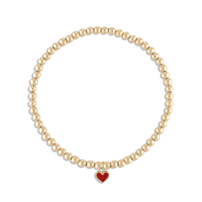 Heart of Mine Bracelet - 14k gold filled 3mm ball bracelet with red enamel heart charm