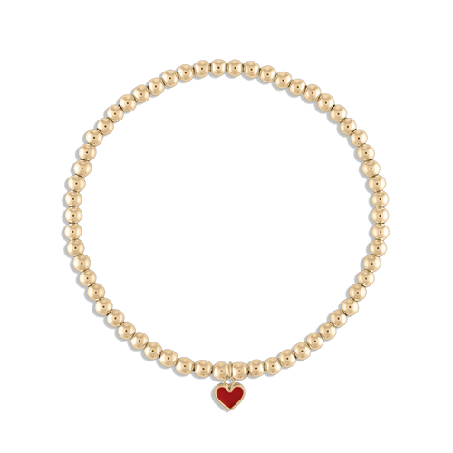 Heart of Mine Bracelet - 14k gold filled 3mm ball bracelet with red enamel heart charm