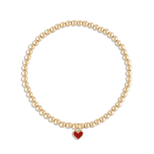 Heart of Mine Bracelet - 14k gold filled 3mm ball bracelet with red enamel heart charm