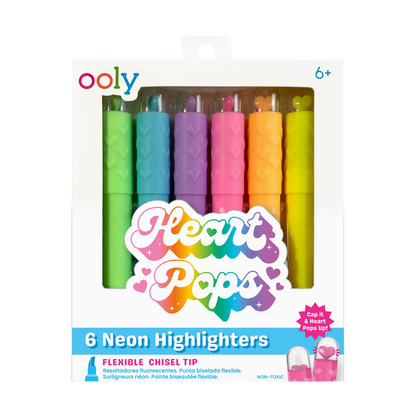 Front of packaging of OOLY Heart Pops Neon Highlighters on a white background
