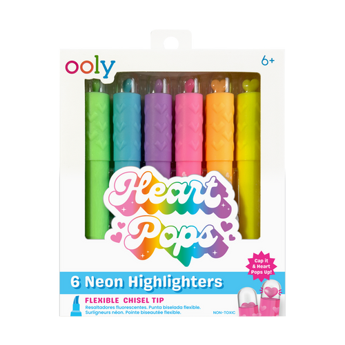 Front of packaging of OOLY Heart Pops Neon Highlighters on a white background