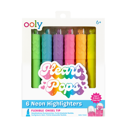 Front of packaging of OOLY Heart Pops Neon Highlighters on a white background