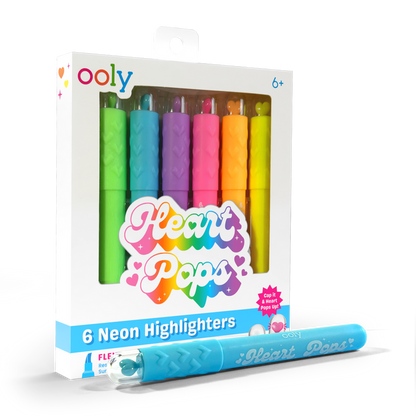 Quarter angle of packaging from OOLY Heart Pops Neon Highlighters on a white background