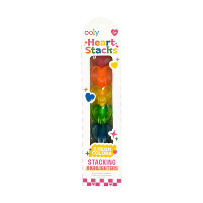 Packaging of OOLY Heart Stacks Stacking Highlighters with colorful hearts on a white background