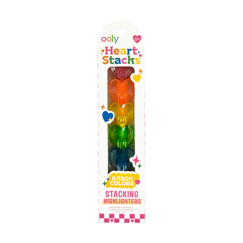 Packaging of OOLY Heart Stacks Stacking Highlighters with colorful hearts on a white background