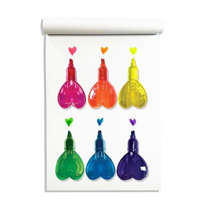 Six OOLY Heart Stacks Stacking Highlighters on a white sketchbook with colored swatches
