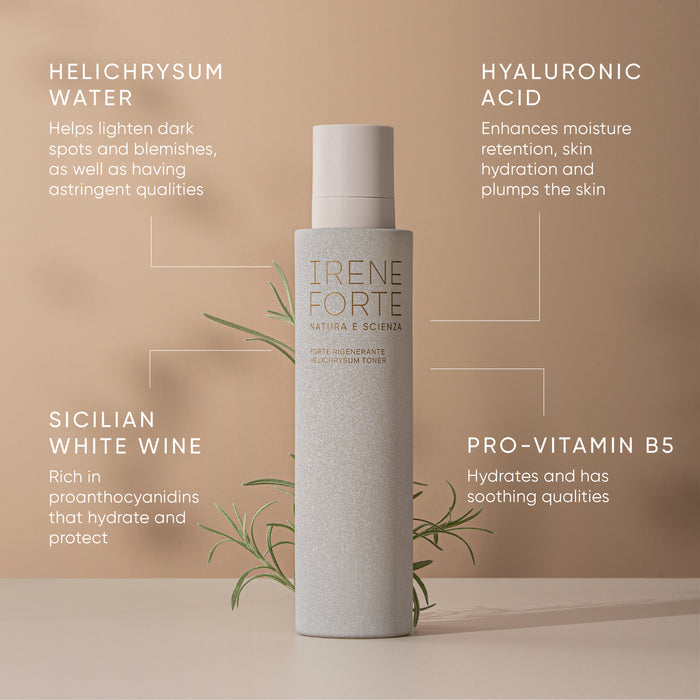 Irene Forte skincare Helichrysum Hydrating Toner product with ingredients listed on a beige background. Key ingredients include Helichrysum Water, Sicilian White Wine, Hyaluronic Acid and Pro-Vitamin B5