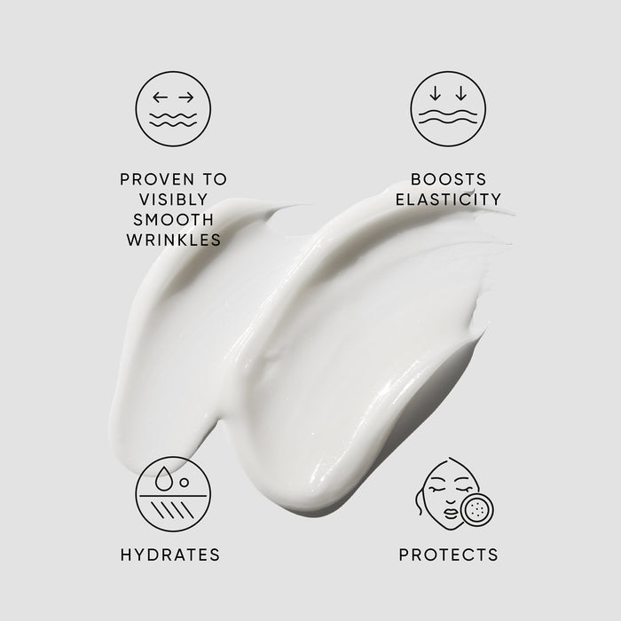 Hibiscus Night Cream icons against a white background, conveying it is proven to visibly smooth wrinkles, boosts elasticity, hydrates and protects