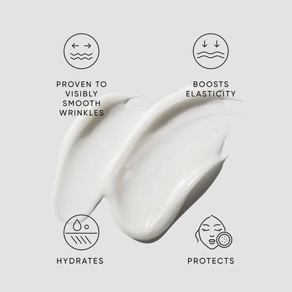 Hibiscus Night Cream icons against a white background, conveying it is proven to visibly smooth wrinkles, boosts elasticity, hydrates and protects