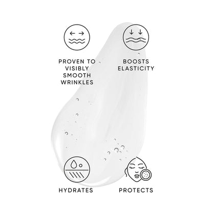 Icons demonstrating the benefits of Hibiscus Serum including boosts elasticity and proven to visibly smooth wrinkles