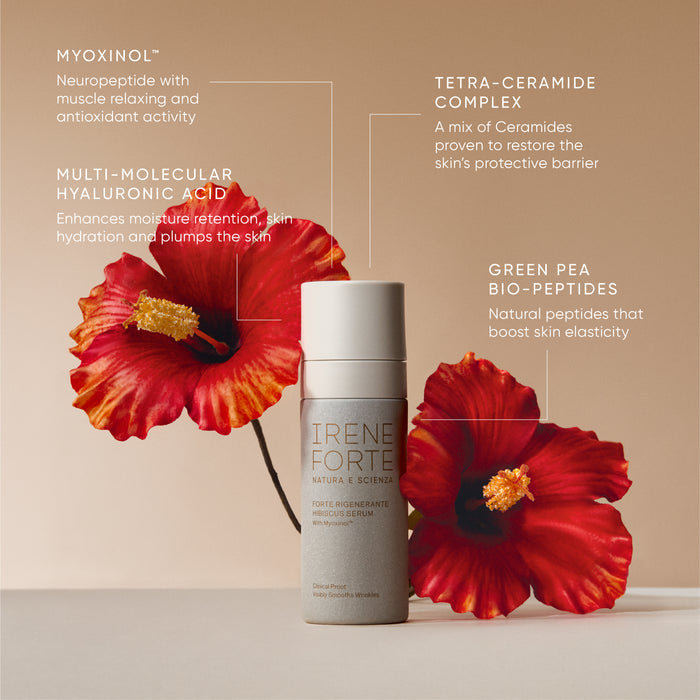 Irene Forte skincare serum with red flowers on a beige background