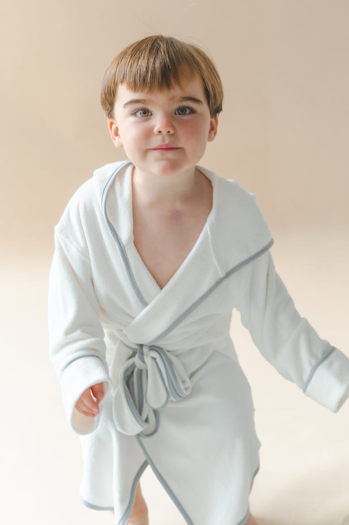 Young boy modeling the Hooded Bath Robe in Cloud with Storm Trim