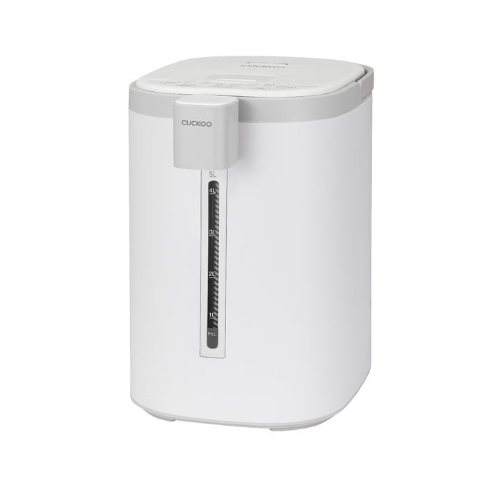 CUCKOO Hot Water Dispenser & Warmer in white, featuring a 5L capacity with a water level indicator and top control panel. (CWP-A501TW)