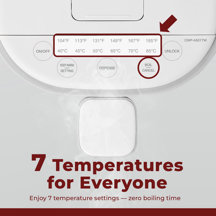 7 Temperatures for Everyone: CUCKOO hot water dispenser control panel featuring 7 temperature settings from 40°C to 85°C. (CWP-A501TW)