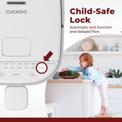 Child-Safe Lock: CUCKOO hot water dispenser featuring an automatic lock function and delayed flow for enhanced safety. (CWP-A501TW)