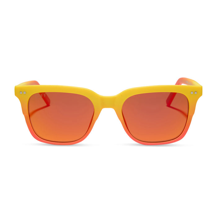 diff eyewear x fantastic four featuring the human torch square sunglasses with a radiant yellow to orange frame fade and blazing red orange mirror polarized lenses front view