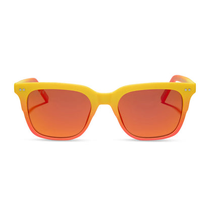 diff eyewear x fantastic four featuring the human torch square sunglasses with a radiant yellow to orange frame fade and blazing red orange mirror polarized lenses front view
