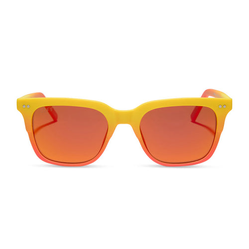 diff eyewear x fantastic four featuring the human torch square sunglasses with a radiant yellow to orange frame fade and blazing red orange mirror polarized lenses front view