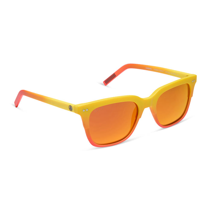 diff eyewear x fantastic four featuring the human torch square sunglasses with a radiant yellow to orange frame fade and blazing red orange mirror polarized lenses angled view