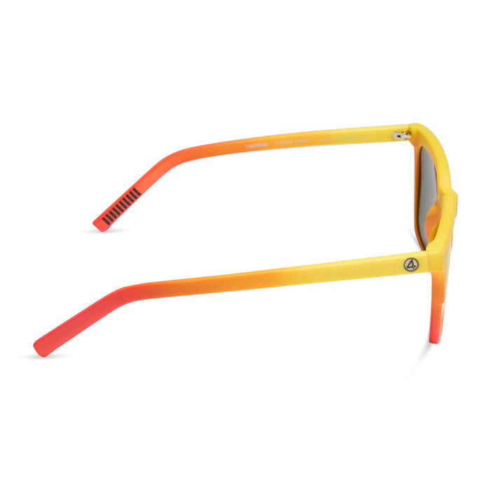 diff eyewear x fantastic four featuring the human torch square sunglasses with a radiant yellow to orange frame fade and blazing red orange mirror polarized lenses side view