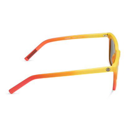 diff eyewear x fantastic four featuring the human torch square sunglasses with a radiant yellow to orange frame fade and blazing red orange mirror polarized lenses side view