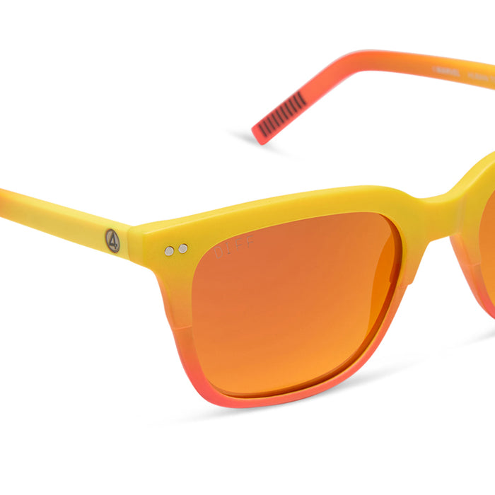 diff eyewear x fantastic four featuring the human torch square sunglasses with a radiant yellow to orange frame fade and blazing red orange mirror polarized lenses detailed view