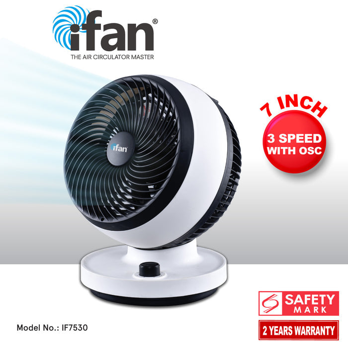 iFan 7" Air Circulator Fan - Turbo, Powerful Airflow, Desk Fan, Adjustable Tilt, Oscillation, Portable, 3-Speed, black & white, IF7530