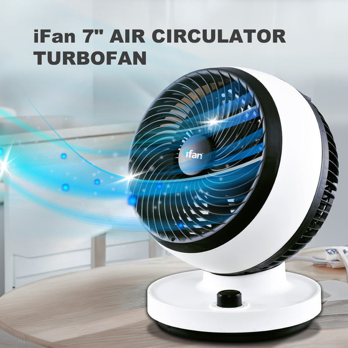 iFan 7" Air Circulator Fan - Turbo, Powerful Airflow, Desk Fan, Adjustable Tilt, Oscillation, Portable, 3-Speed, black & white, IF7530